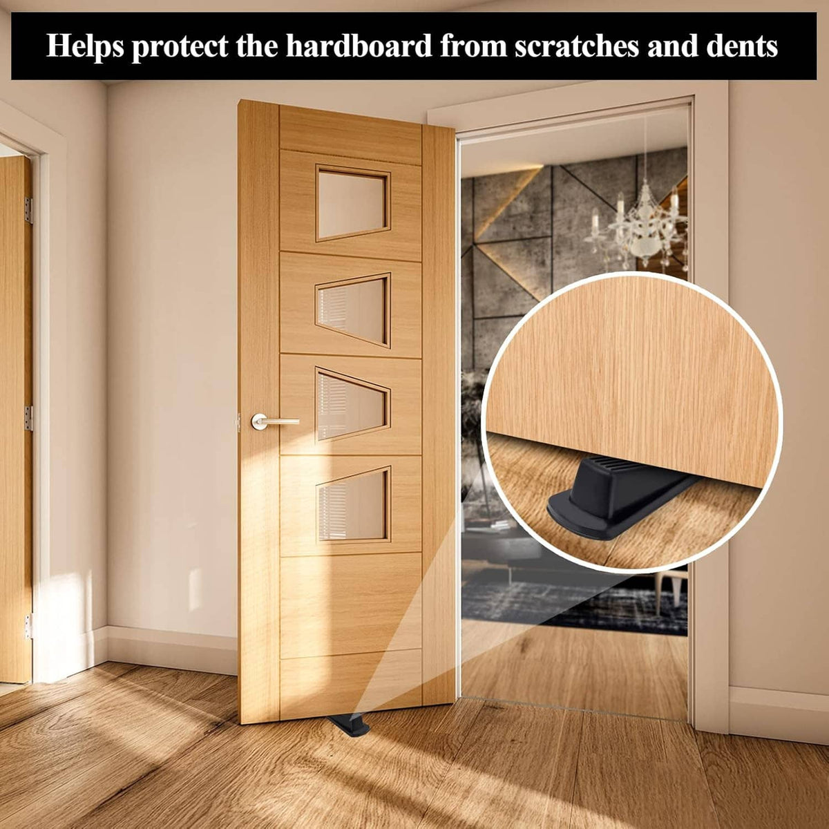 Rubber door stopper wedge placed under a wooden door to help prevent scuffs.