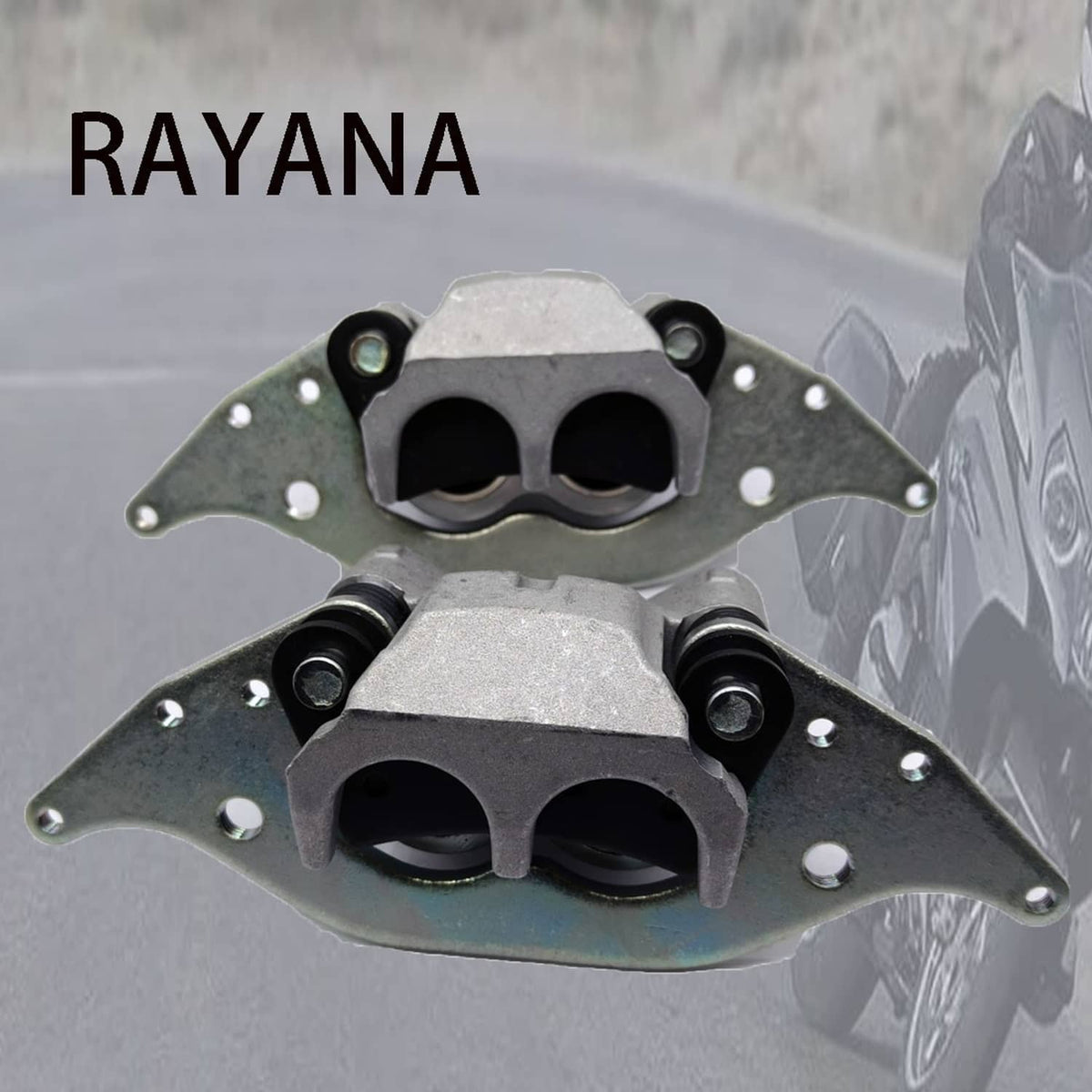 Front brake caliper assemblies with two rubber boots and gray metal bracket plates