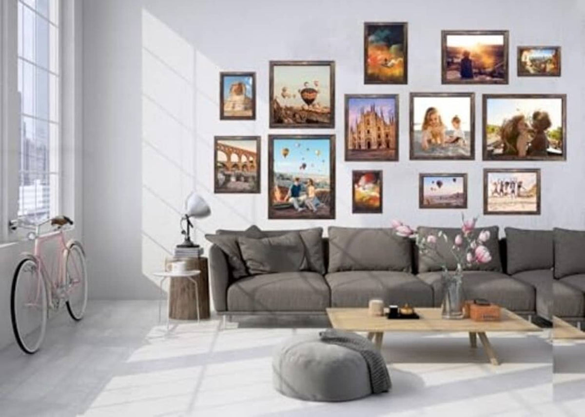 Rustic brown square photo frames arranged on a wall in a gallery display