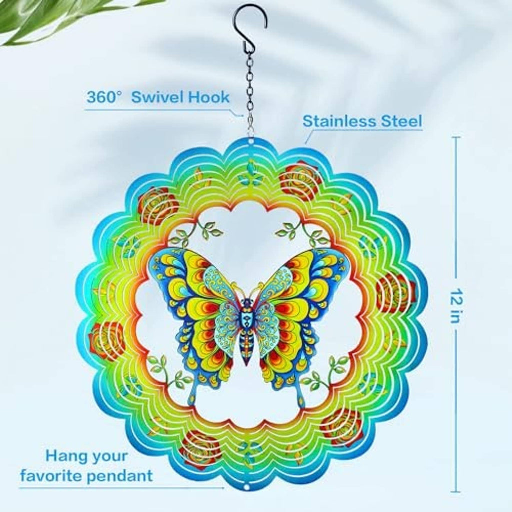 3D butterfly wind spinner with circular scalloped stainless steel blades on hanging chain