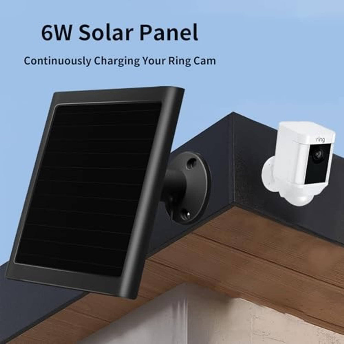 Black solar panel charger with mounting bracket and wall-mounted Ring camera base