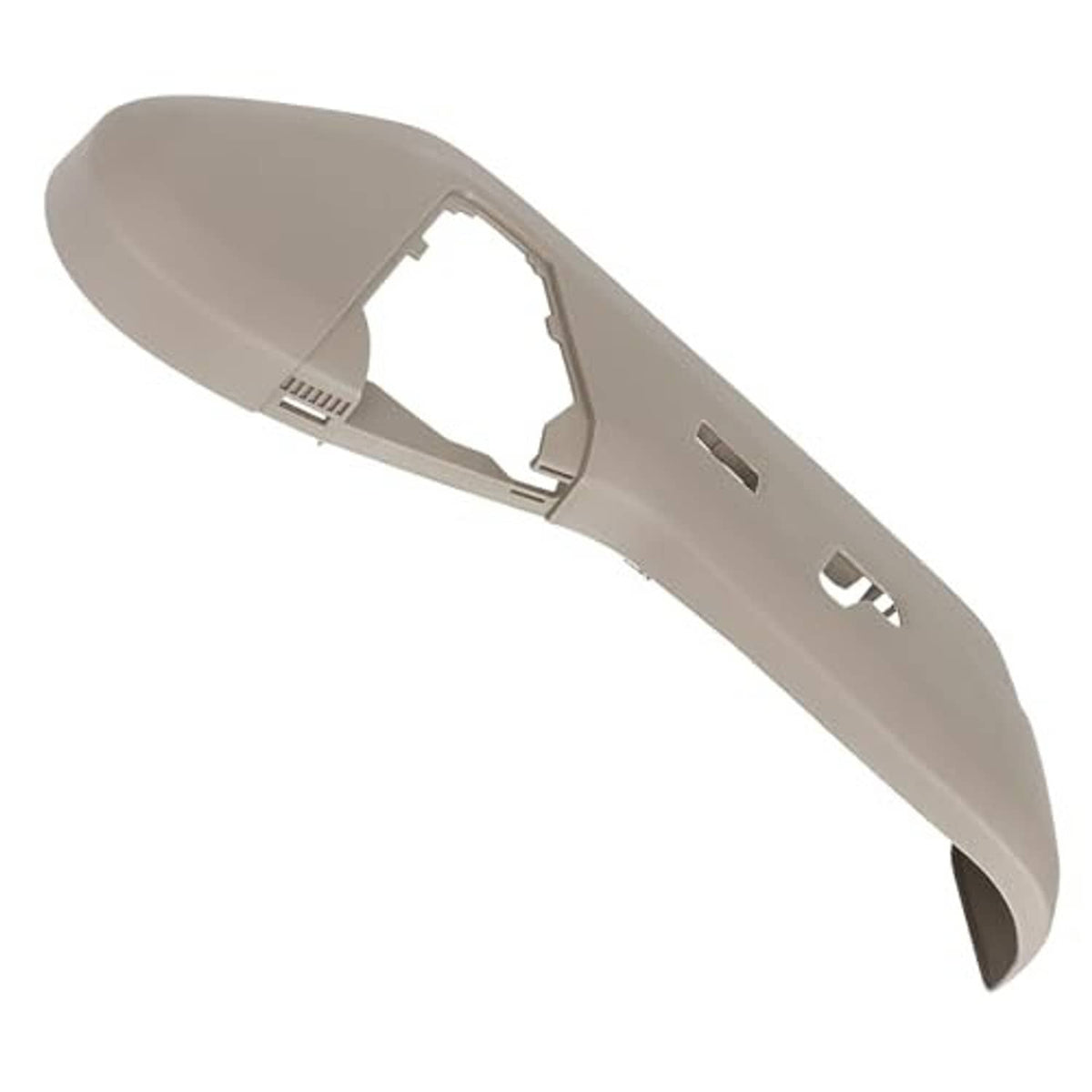 Beige driver seat trim cover panel with large cutout and side mounting groove