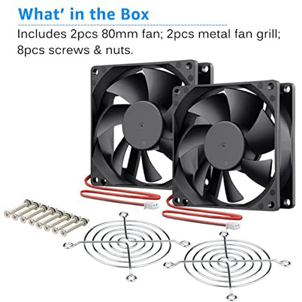 2-pack 80mm DC cooling fans with metal fan grills, screws and cable leads