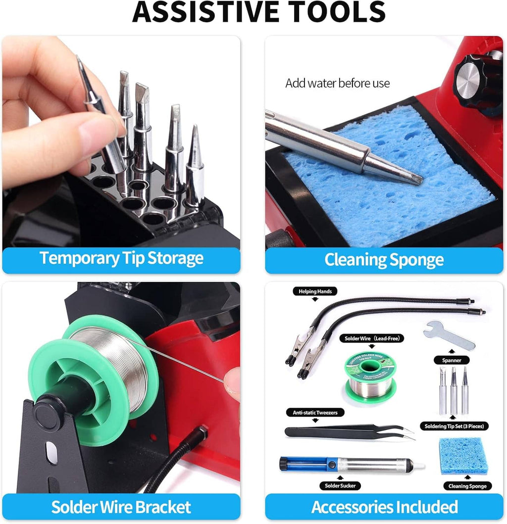 Soldering station accessories: tip storage, cleaning sponge, helping hands, and solder wire bracket