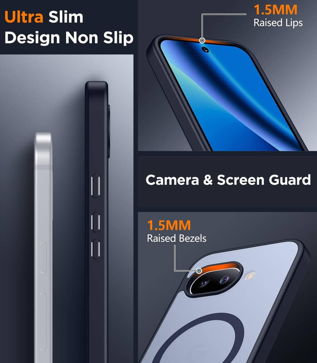Slim magnetic phone case with raised screen and camera bezels, dark edges