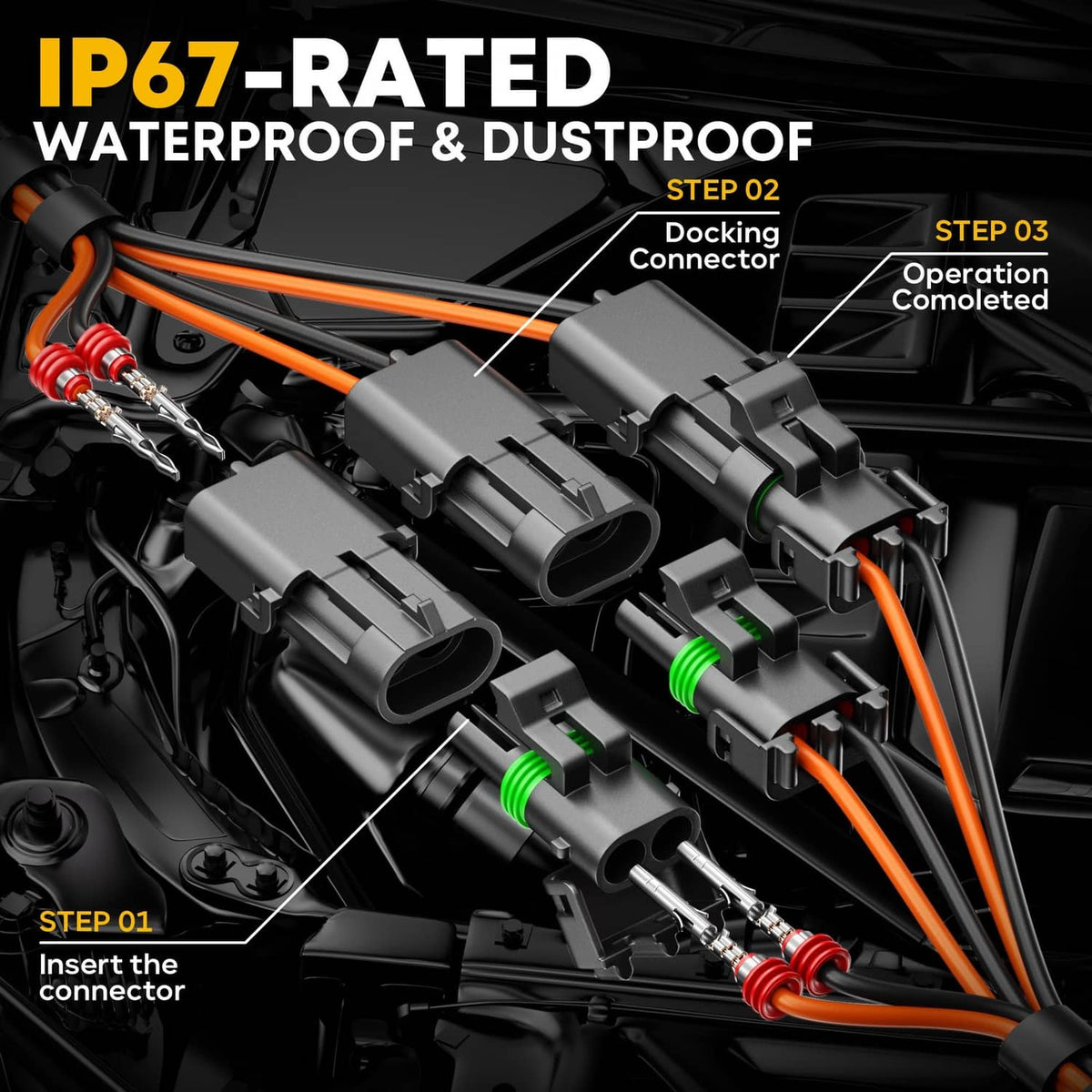 Weather pack connector set with crimped terminals and gray waterproof connector housings