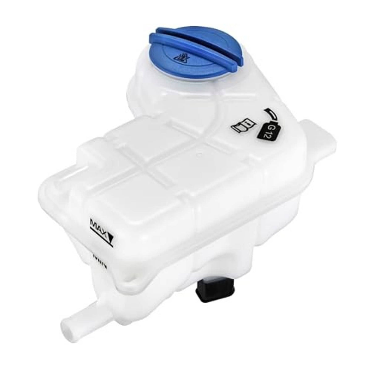 White engine coolant expansion reservoir with blue cap and side service connector