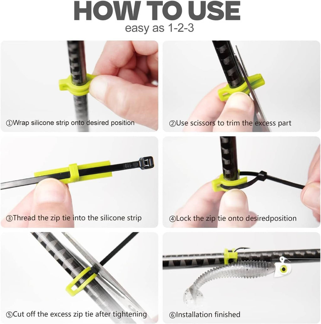 Silicone hook keeper installation steps showing strip placement and zip tie