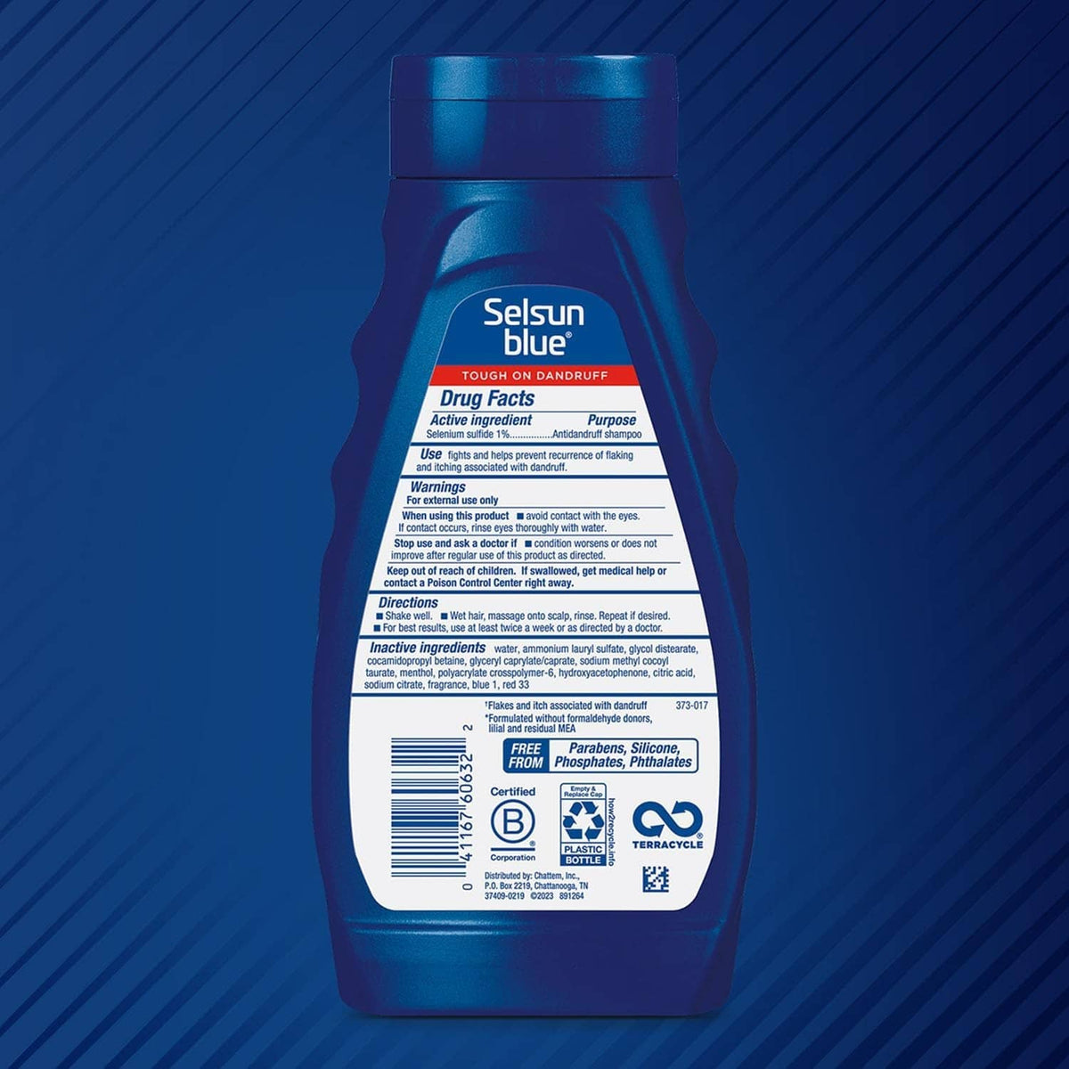 Medicated anti-dandruff shampoo bottle, blue 11 fl oz, back label view