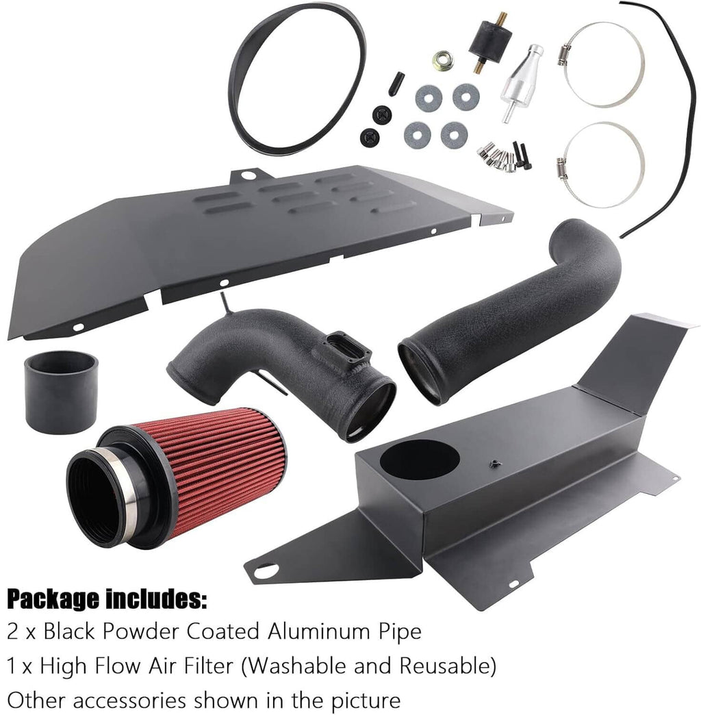 Cold air intake kit parts: black intake pipes, red reusable filter, clamps, hardware