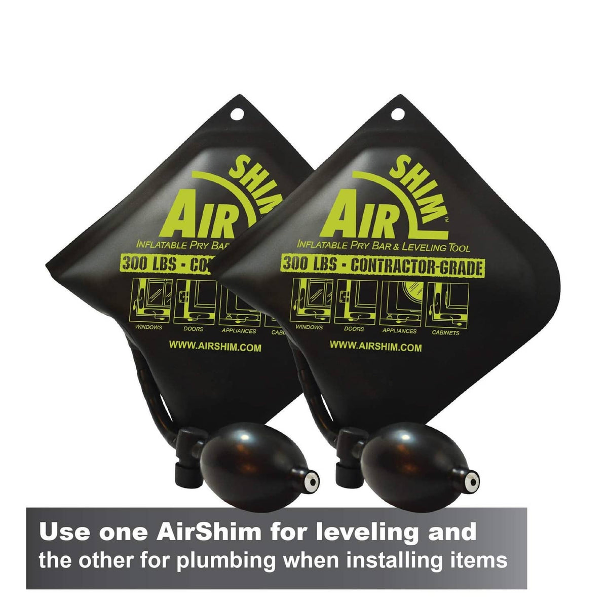 Two AirShim inflatable pry bar and leveling tools with pump bulbs