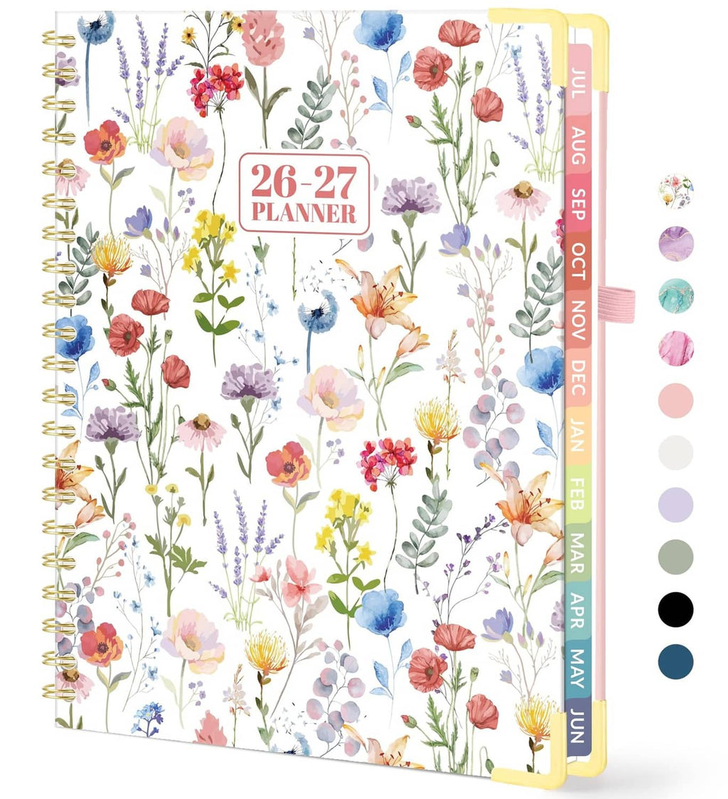 Floral academic planner, 8.5x11 spiral-bound with colorful flowers and yellow corner accents