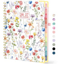 Floral academic planner, 8.5x11 spiral-bound with colorful flowers and yellow corner accents