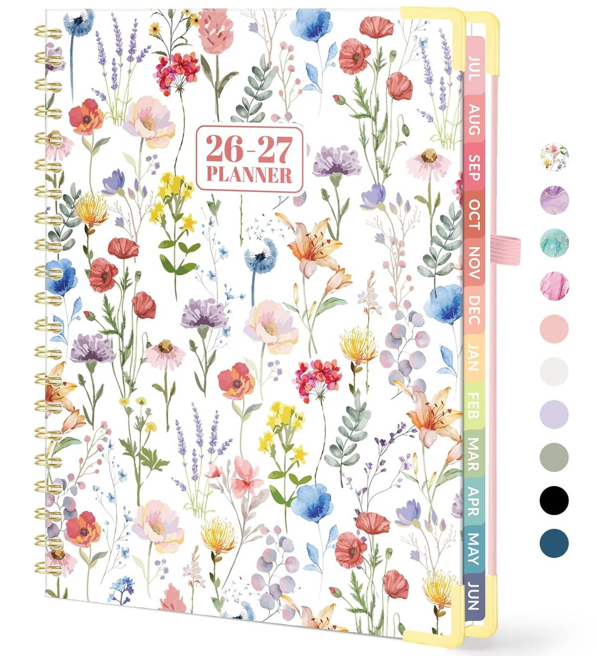 Floral academic planner, 8.5x11 spiral-bound with colorful flowers and yellow corner accents