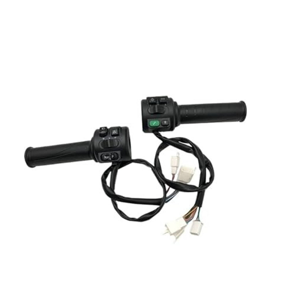 Dual thumb throttle switch kit with black grips and visible wiring harness connectors