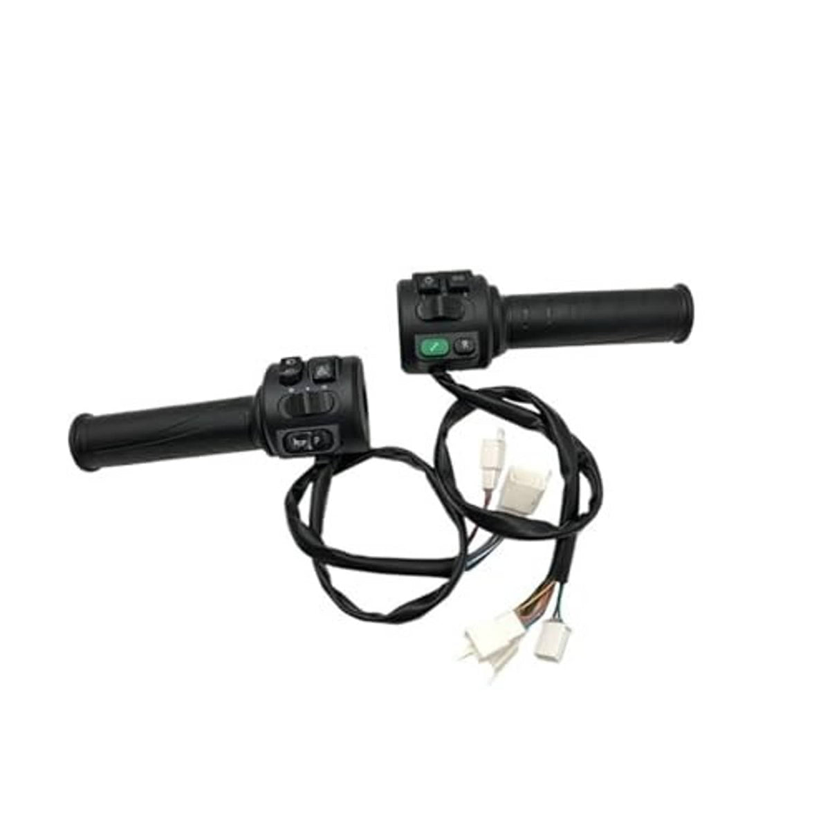 Dual thumb throttle switch kit with black grips and visible wiring harness connectors