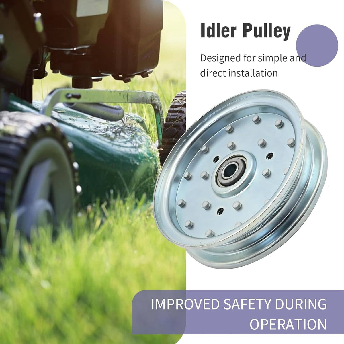 Idler pulley wheel with central bearing and evenly spaced bolt heads, silver steel