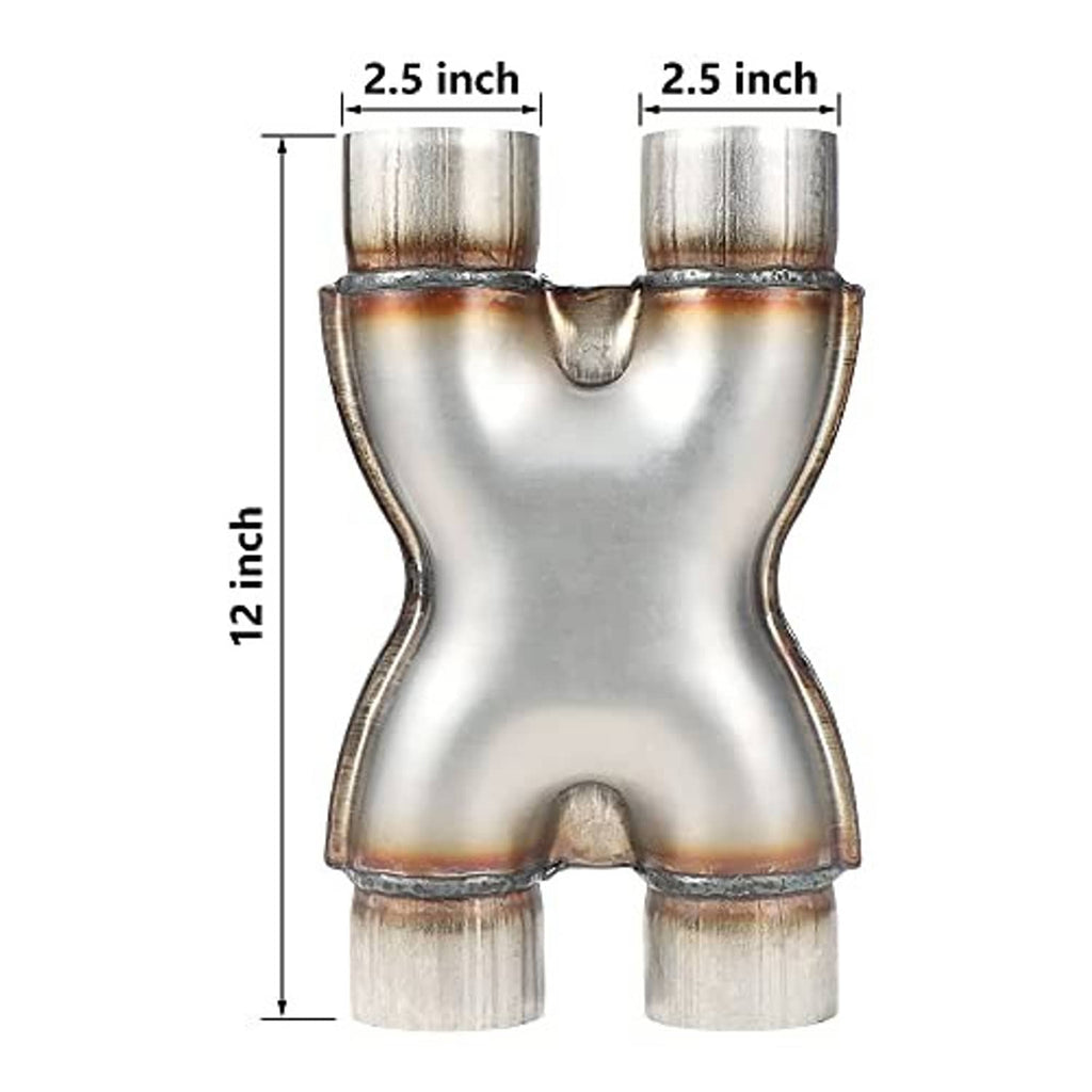 2.5 in X-pipe crossover with 12 in length and dual 2.5 in inlet/outlet ends
