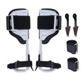 Tree climbing spurs set with aluminum frames, black pads, straps, and spike protectors