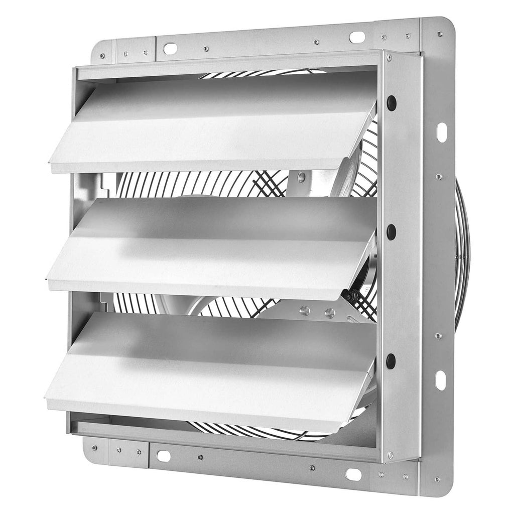 Front view of wall-mounted exhaust fan with automatic louvers and fan wheel