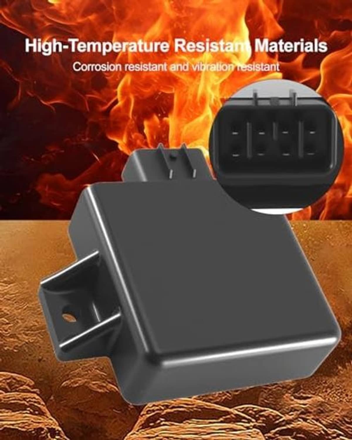 Black ignition module with left mounting lug and top terminal slots