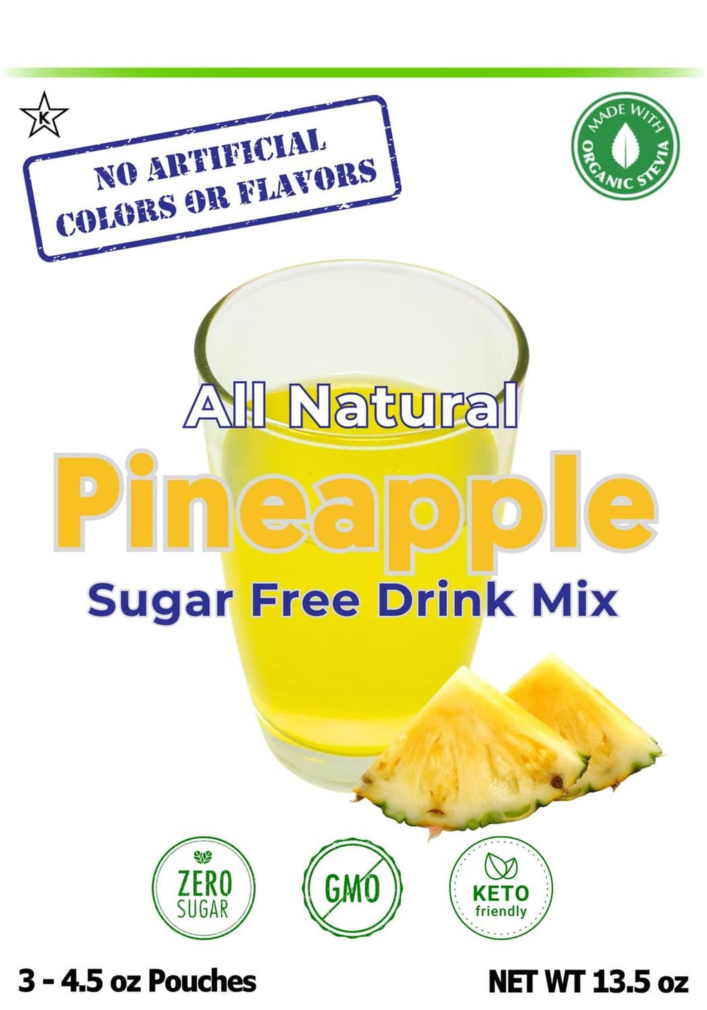 GramZero Pineapple sugar-free drink mix with zero sugar, GMO and keto friendly badges