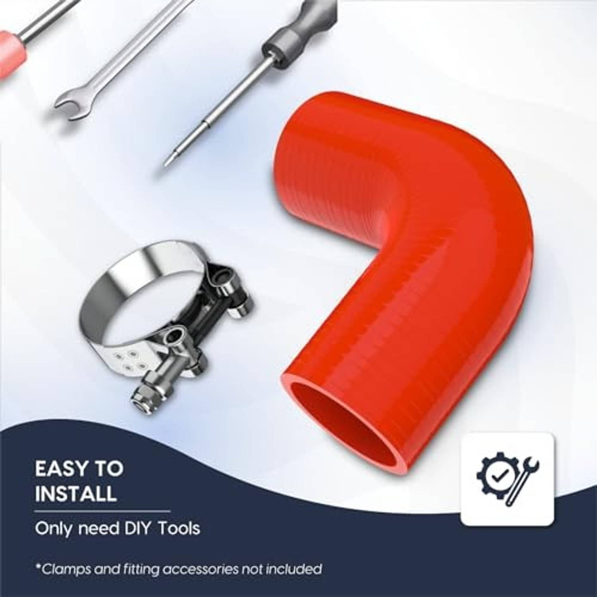 Orange 90° elbow silicone hose coupler with nearby clamps and DIY installation tools.