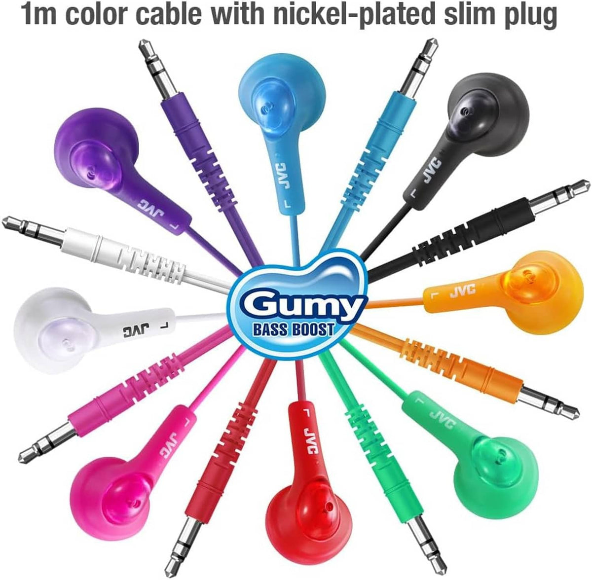 Gumy Bass Boost in-ear headphones with 1m color cable and slim plug