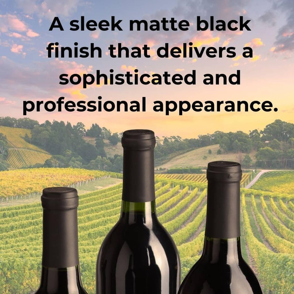 Matte black shrink caps on wine bottles with rounded top openings
