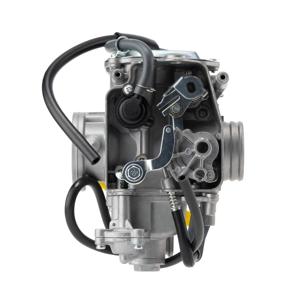 Carburetor carb assembly rear three-quarter view with black fuel hoses and metal mounting parts
