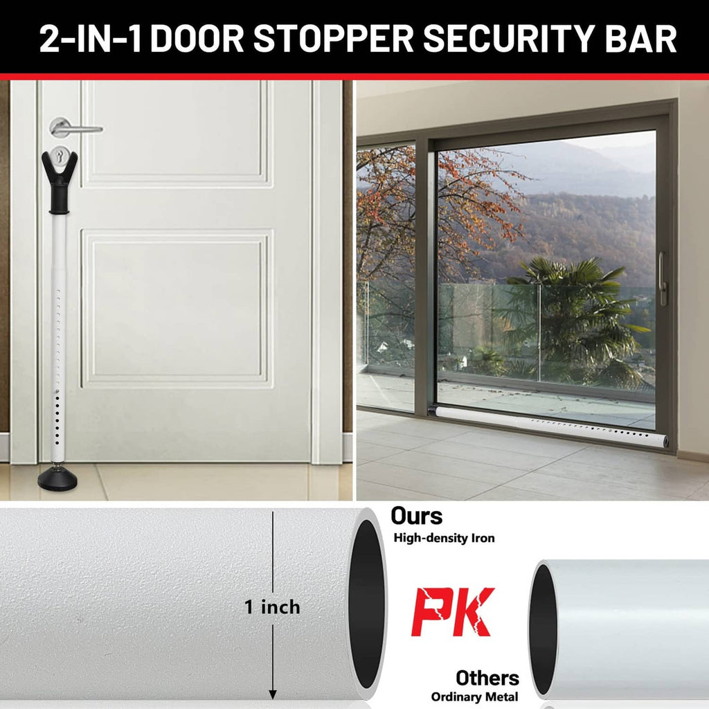 Adjustable door stopper security bar with high-density iron end cap and foot