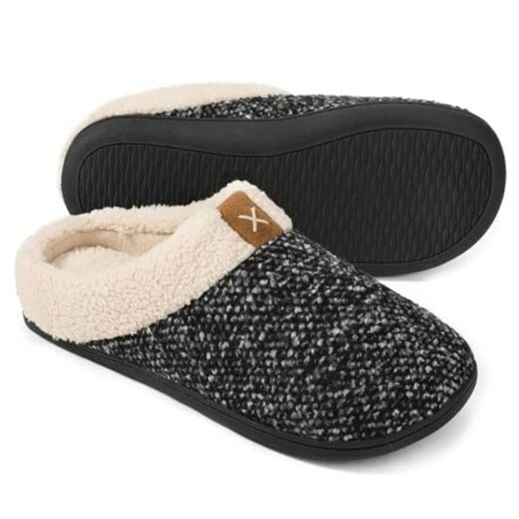 Men's sherpa-lined slip-on slippers, black speckle knit with tan sherpa cuff and logo tag