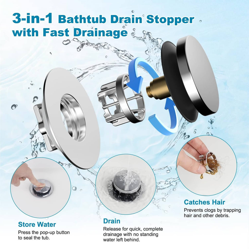Silver 3-in-1 pop-up bathtub drain stopper with black cap and filter basket