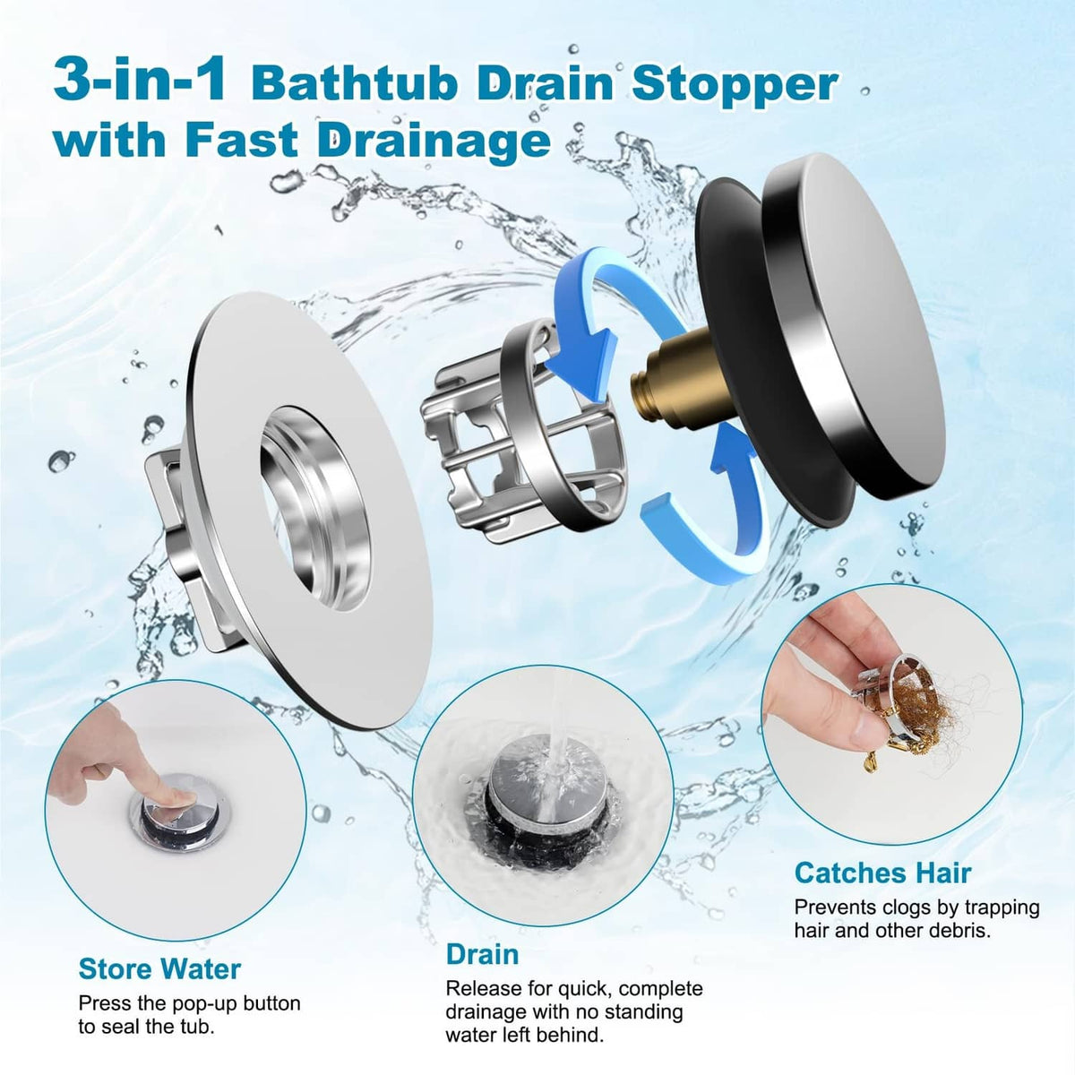 Silver 3-in-1 pop-up bathtub drain stopper with black cap and filter basket