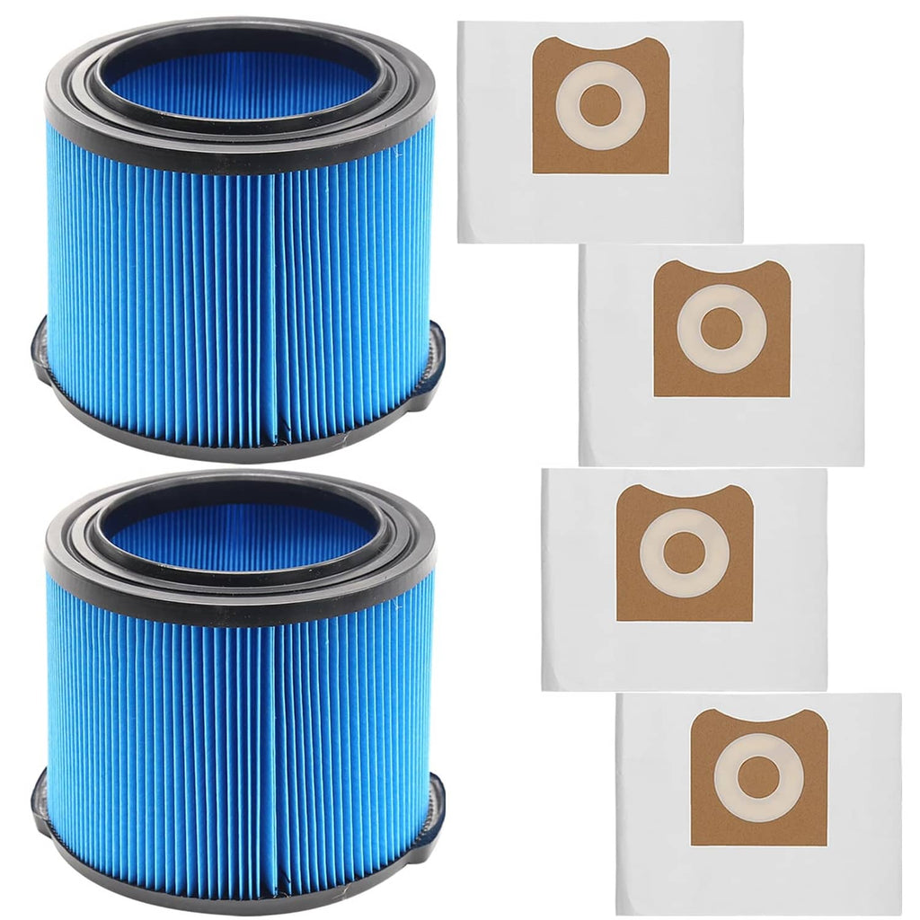 Two blue pleated wet/dry vacuum replacement filters with gray rim and brown seal