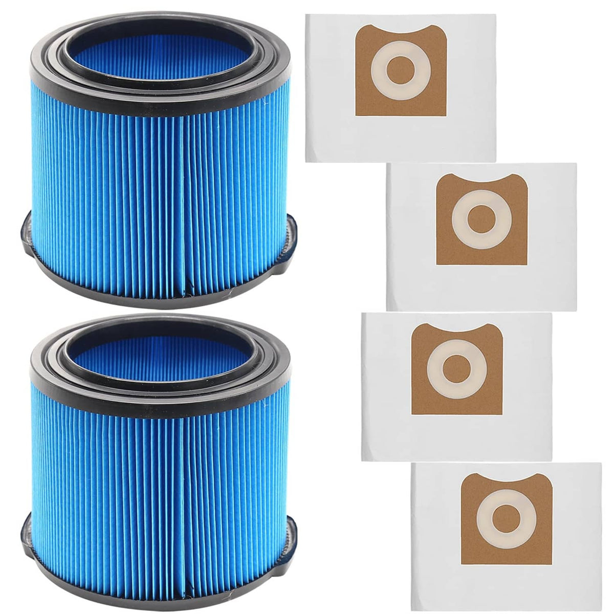 Two blue pleated wet/dry vacuum replacement filters with gray rim and brown seal
