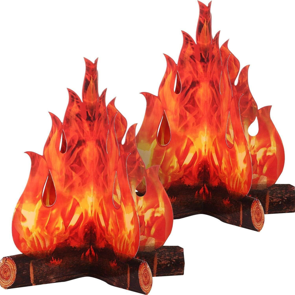 3D cardboard campfire centerpiece with bright orange and red flames over logs
