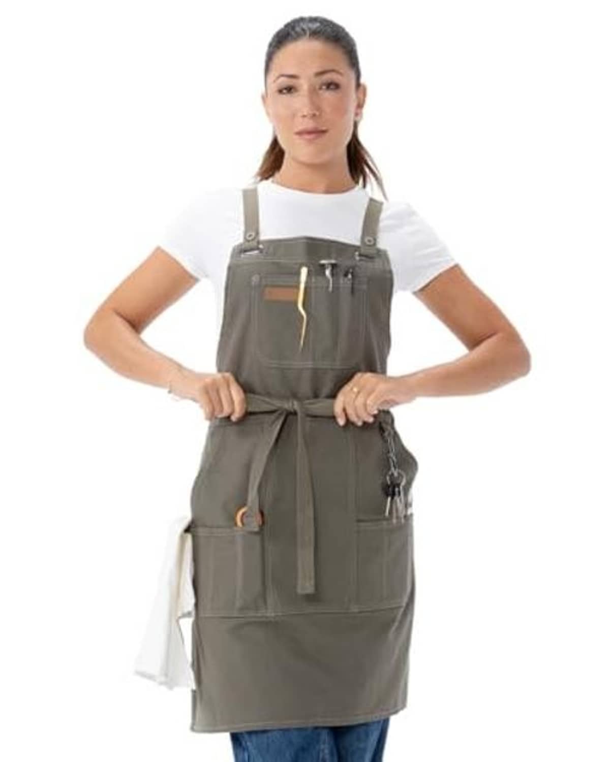 Olive grill apron with adjustable waist tie and multiple front storage pockets