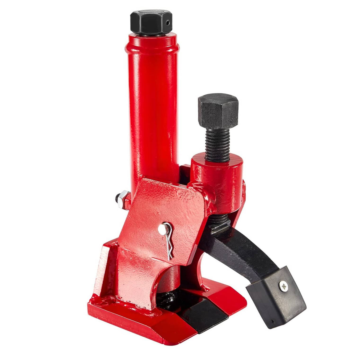 Red manual tire bead breaker with screw jack and black base for removing tire beads