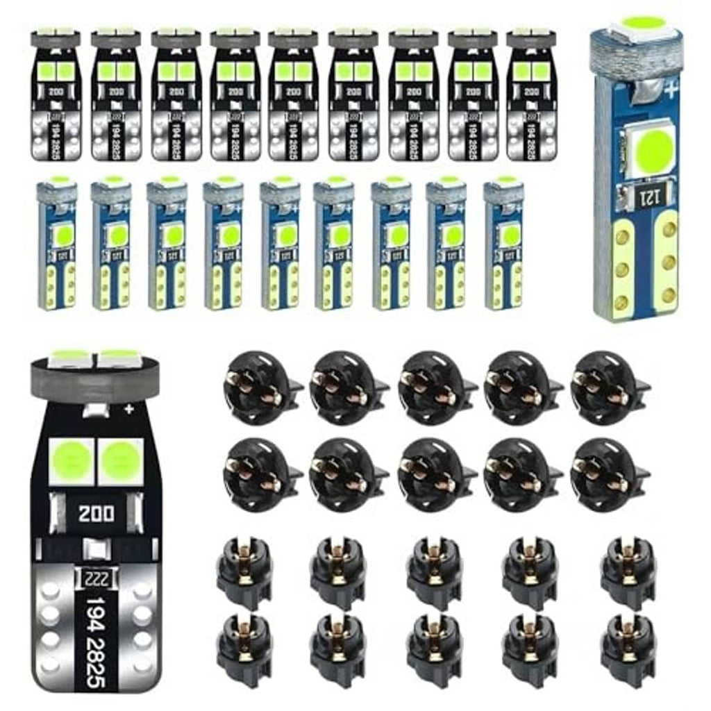 LED instrument bulbs set with socket bases and lime green LED chips, T5/T10 style