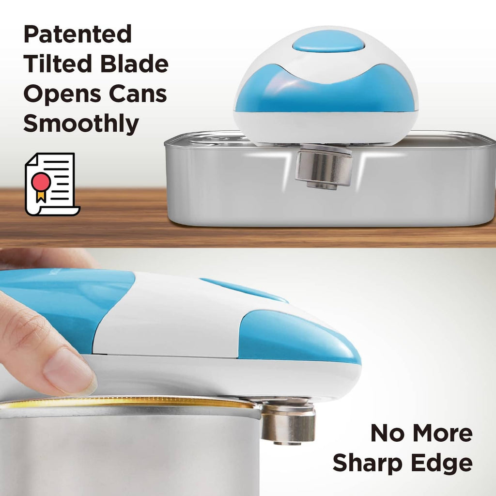 Kitchen can opener with domed head, sky blue and white, cutting lid smoothly.
