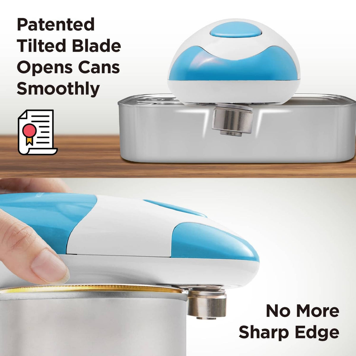 Kitchen can opener with domed head, sky blue and white, cutting lid smoothly.