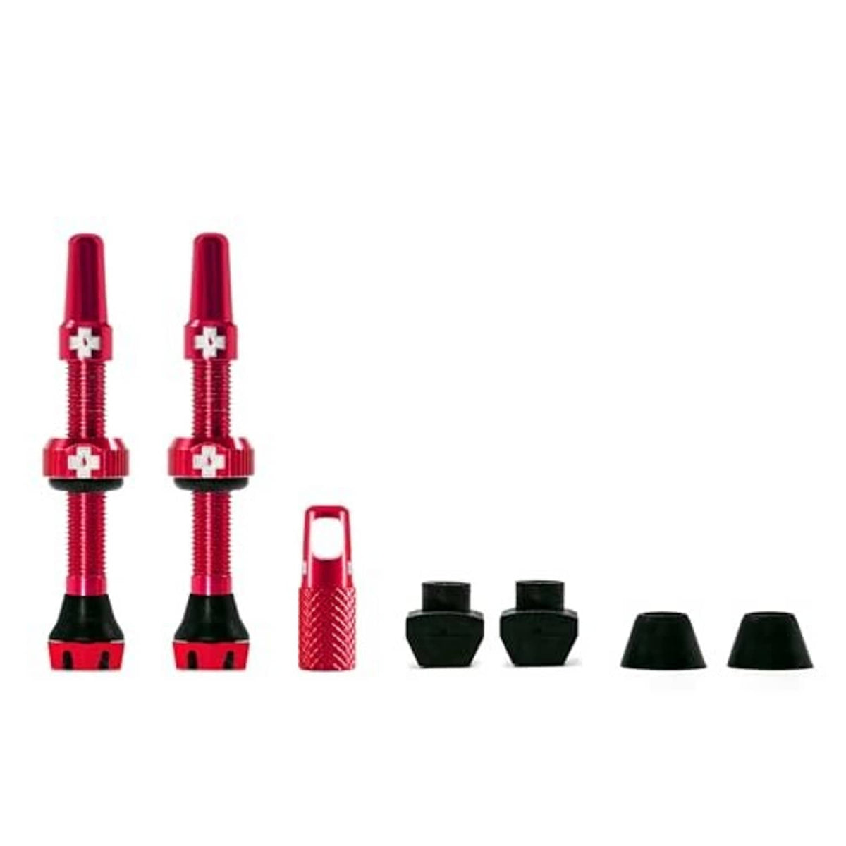 Two red Presta tubeless valve stems with black bases and included caps