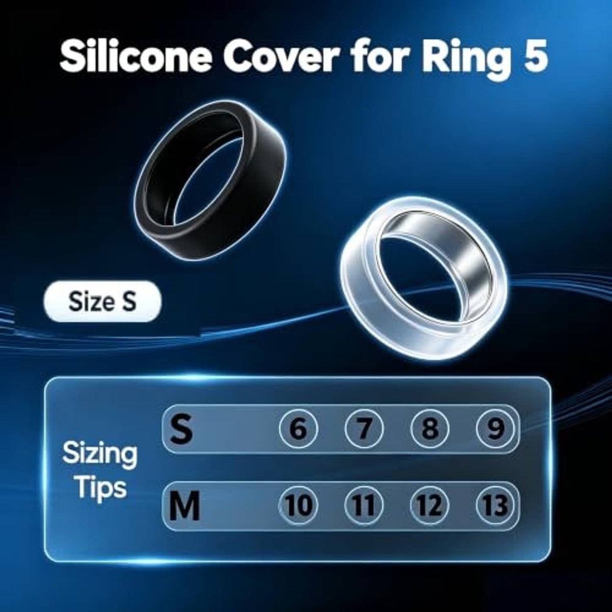 Silicone ring covers for Oura Ring 5, black and translucent cases shown with sizing graphic