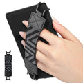 Black elastic hand strap with zigzag pattern and clamp bracket, held in one hand