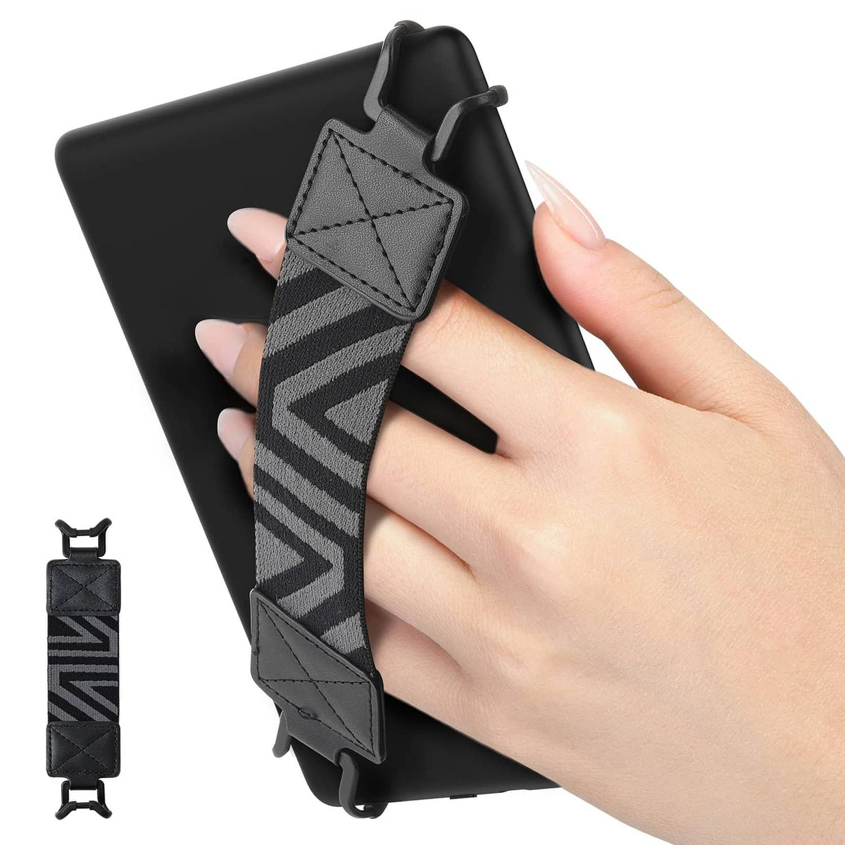 Black elastic hand strap with zigzag pattern and clamp bracket, held in one hand