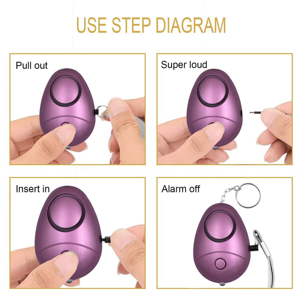 Purple personal security alarm keychain shown with pull-pin on/off steps.