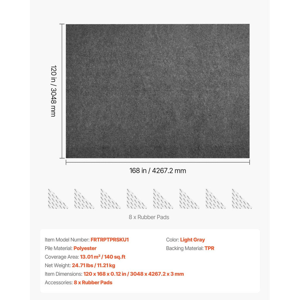 Dark gray rug pad dimensions and specs on a product information card
