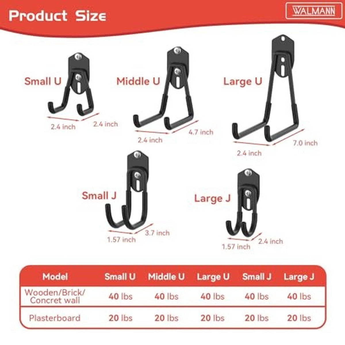 Wall-mount utility hooks in multiple sizes with curved arms and mounting plates