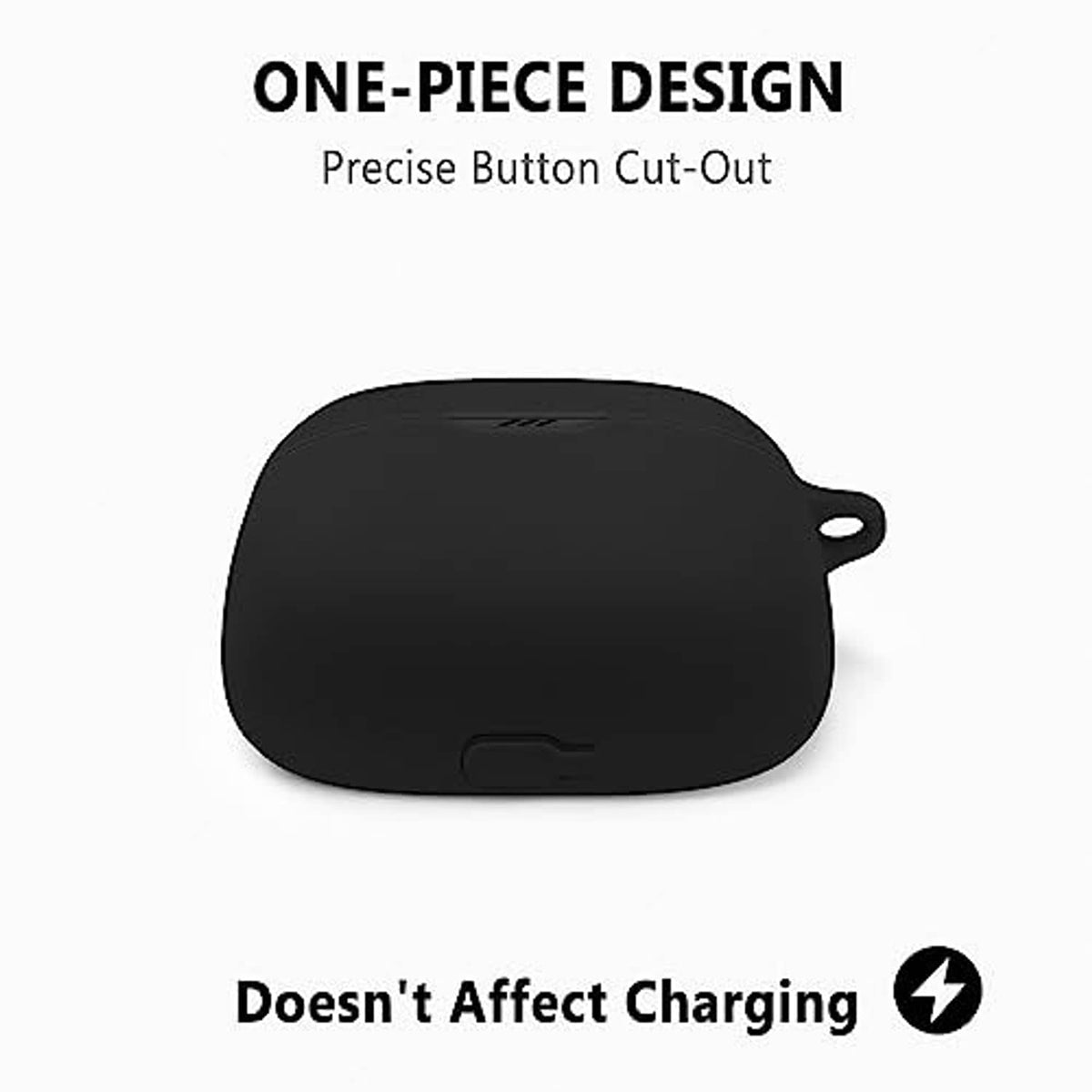 Black one-piece silicone earbud case with button cut-out and carabiner loop